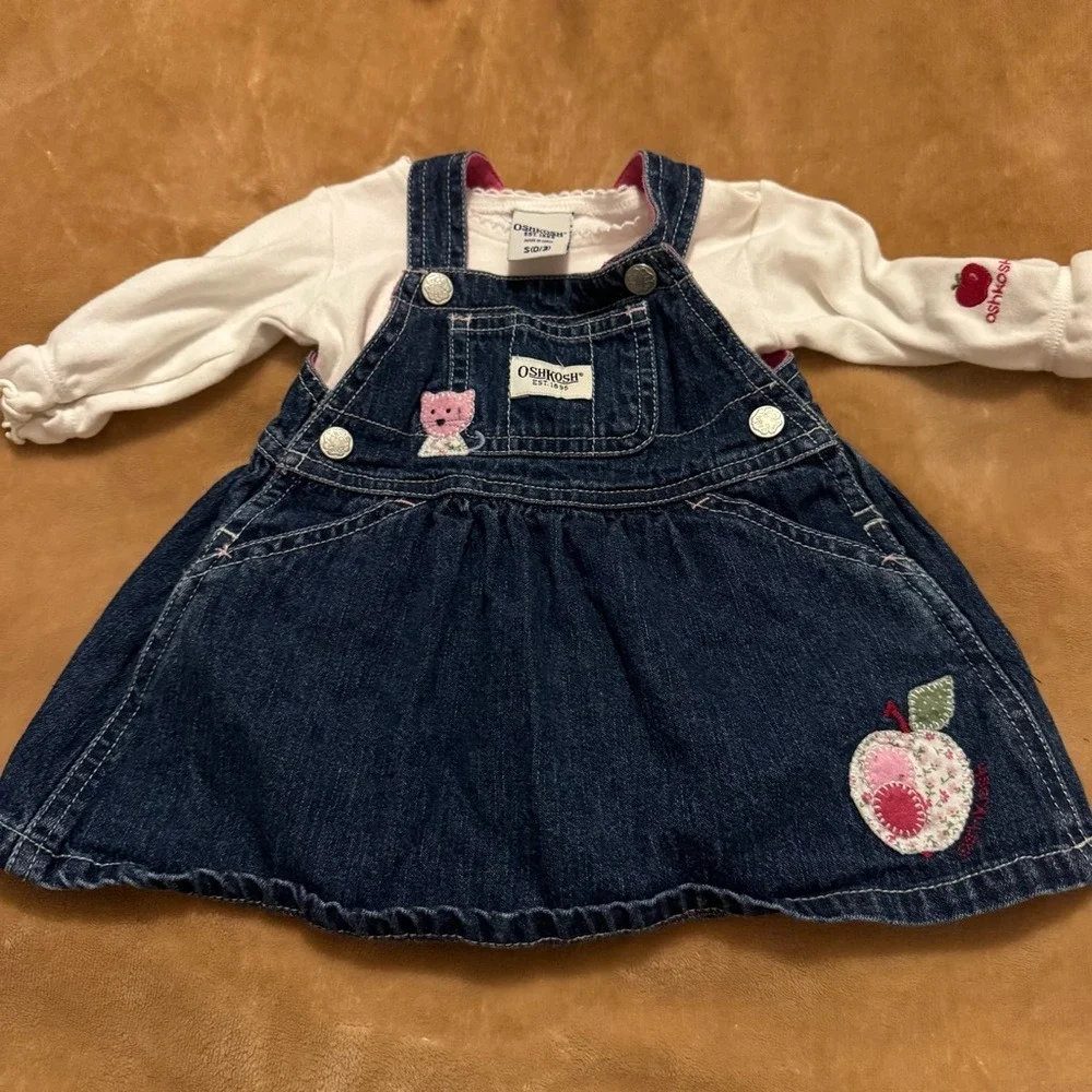 OshKosh Bgosh Baby Girls Denim Jumper Dress and Bodysuit Set 0-3 Months Pink Cat